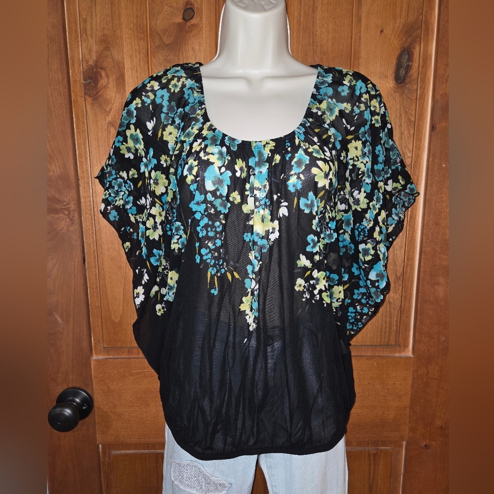 Apt. 9 Black Blouse with Blue and‎ Yellow Floral Design